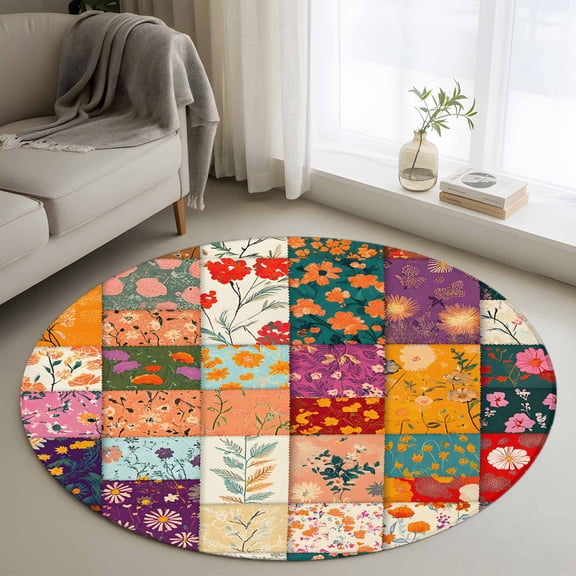Round Rugs 3Ft, Spring Floral Round Area Rug Washable Indoor Throw Carpet, Summer Botanical Retro Checkered Colorful Small Non Slip Circle Rug for Bedroom Living Room Home Decor Aesthetic
