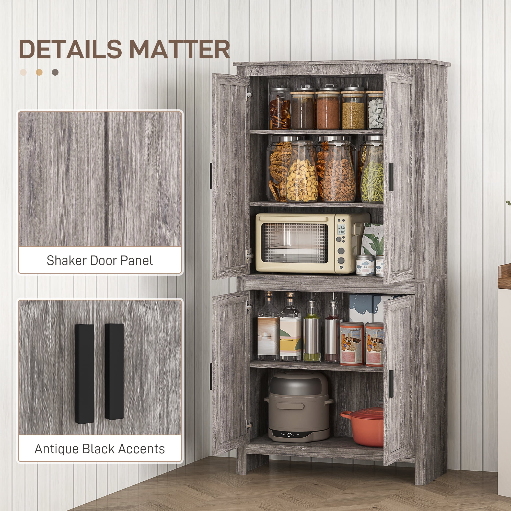 HOMCOM 64" 4-Door Kitchen Pantry, Freestanding Storage Cabinet with 3 Adjustable Shelves for Kitchen, Dining or Living Room, Gray Oak