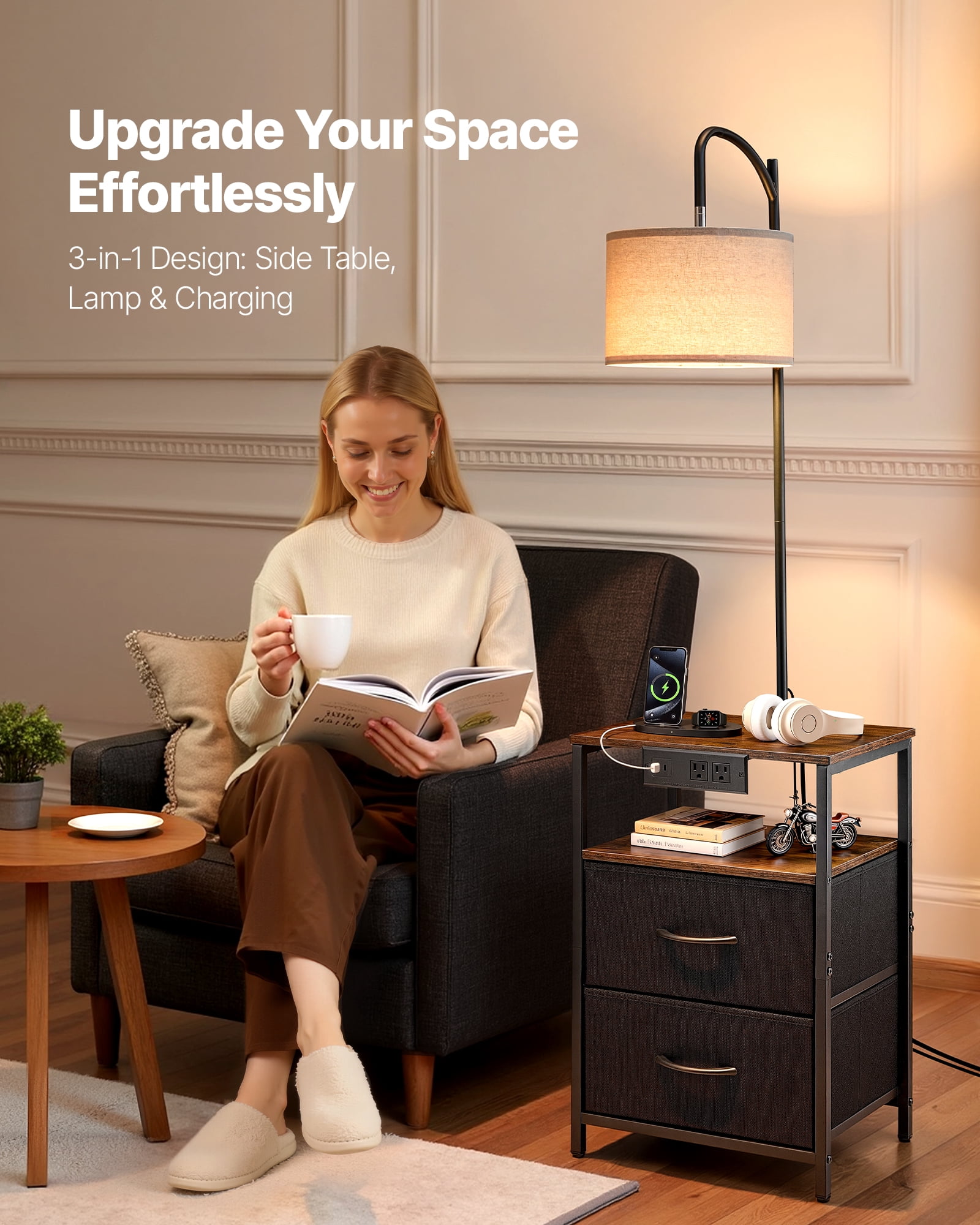 VEVOR Floor Lamp with Table, 2-Tier End Table with 2 Drawers and 3 Color Temperature Lighting, Modern Side Nightstand Bedside Desk with USB & Type C & AC Charging Port for Living Room, Bedroom, Dorm