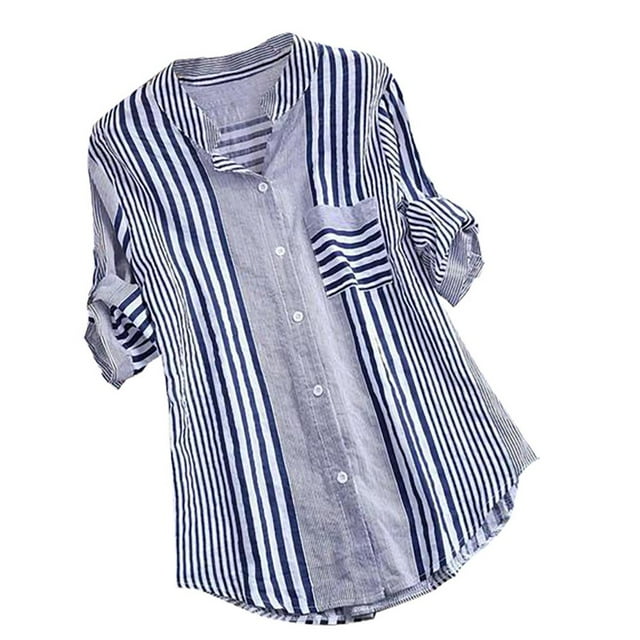 Women Plus Size Three Quarter Striped Print V-Neck Loose Fit Top T-Shirt Blouse