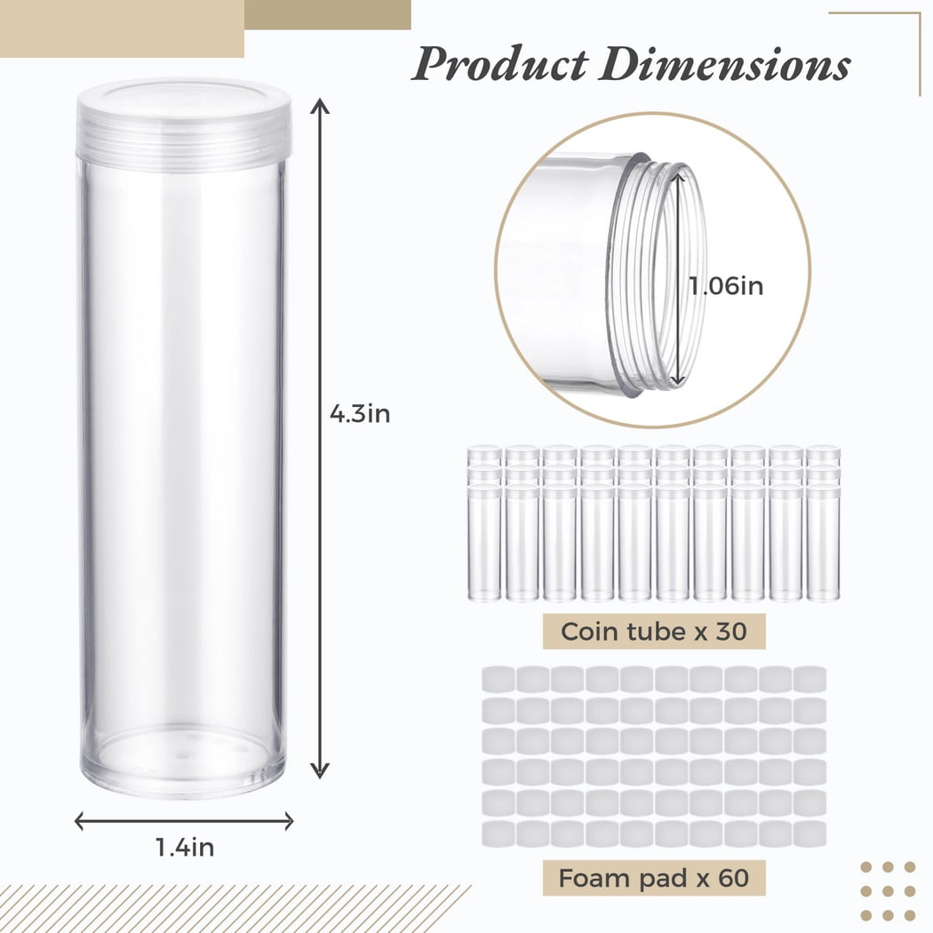 30 PCS Coin Storage Tubes, Quarter Tubes Clear Coin Tube, Plastic Coin Holders Coin Container with Screw Lids, Containers for Coins Collection Supplies
