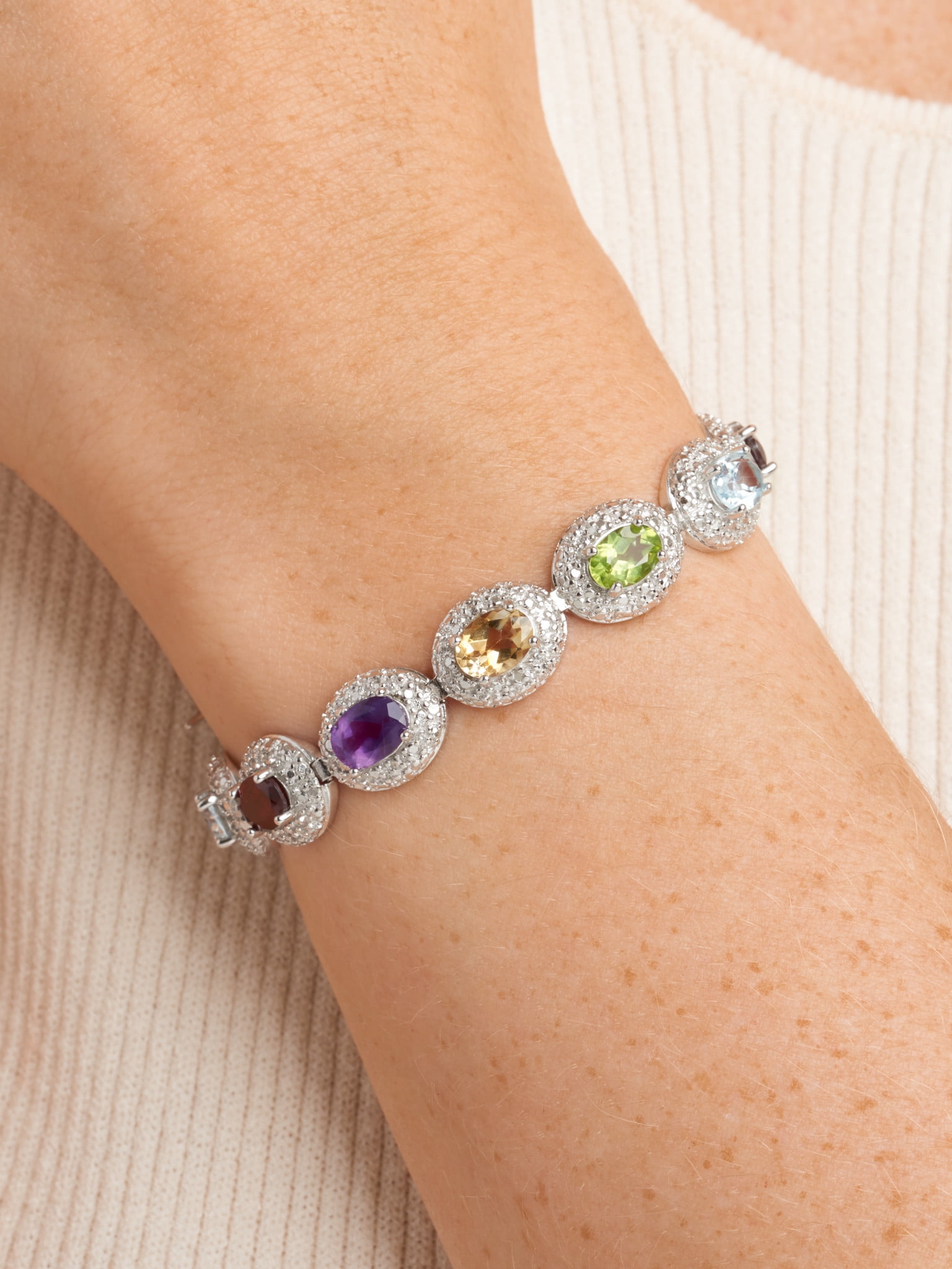 Platinum Plated Sterling Silver Genuine Semi-precoius Multi Gemstone and Diamond Accent Tennis Bracelet,7.25"