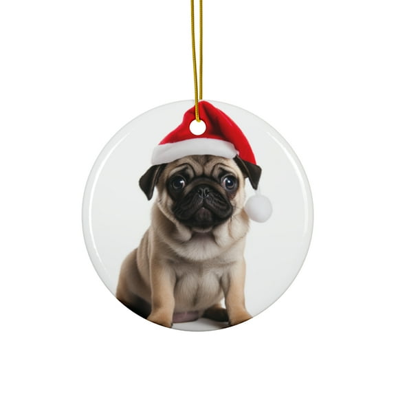 DistinctInk Hanging Ceramic Christmas Tree Ornament with Gold String - Great Gift/Present - 2 3/4 inch Diameter - Pug Puppy Design