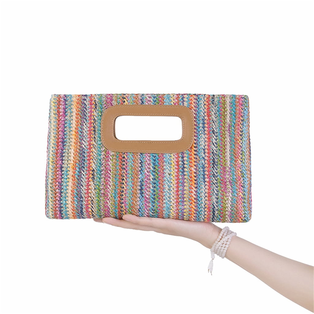 FENOHREFE Straw Clutch Handbag Summer Beach Straw Purse for Women Woven Beach Bag Straw Shoulder Crossbody Bag Evening Handbag