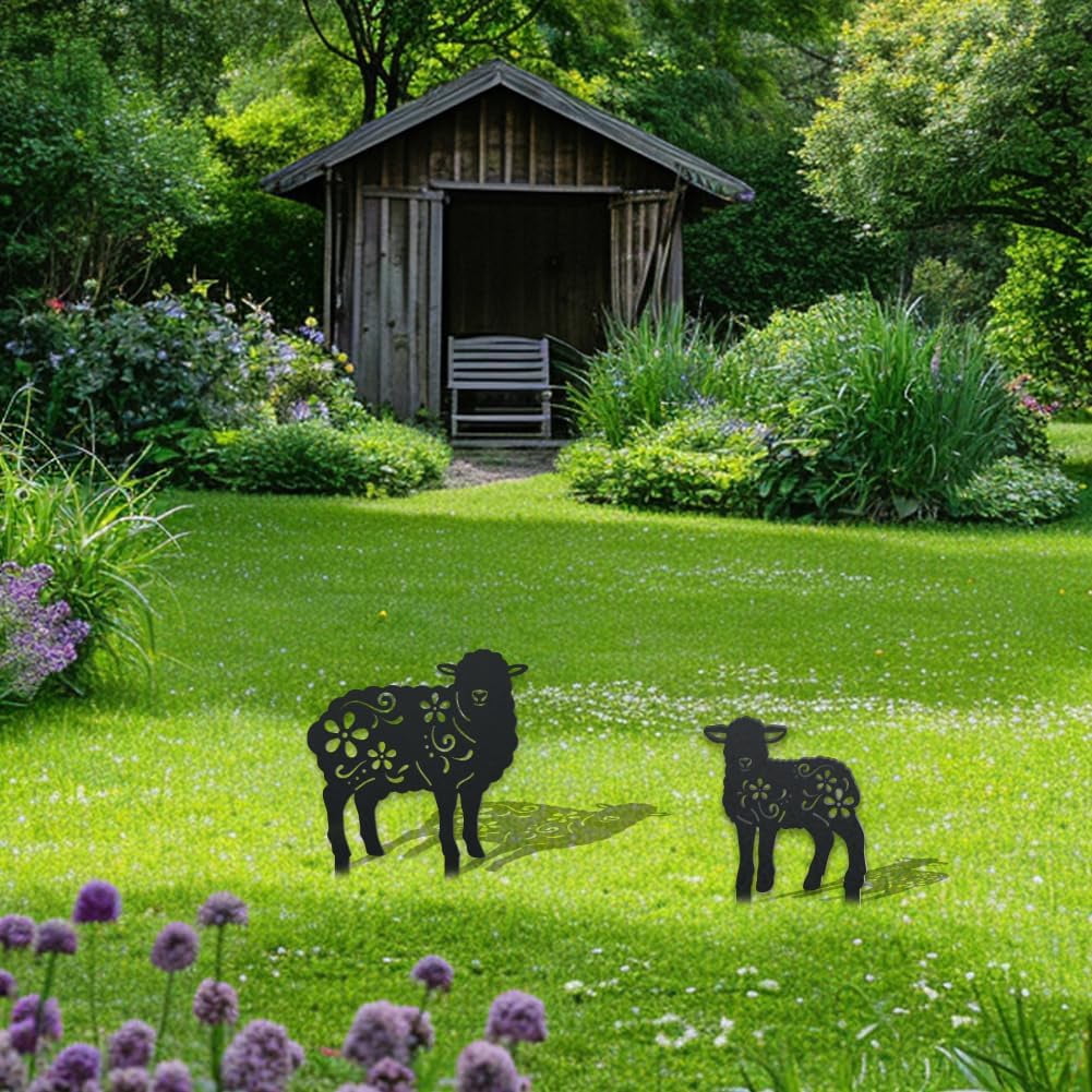 2 Styles Sheep Metal Decorative Garden Stakes Funny Sheep Flowers Metal Silhouette Statues Animal Garden Ornament Gifts Black Yard Art Decoration