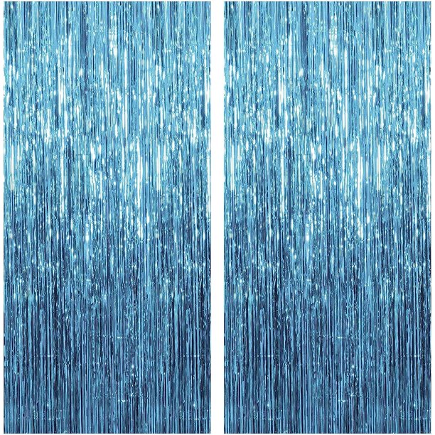 Paquete de 2 serpentinas azules para decoración de fiestas, fondo con flecos azules, decoración de fiesta con temática oceánica, cortina de aluminio, decoración de cumpleaños azul, suministros para