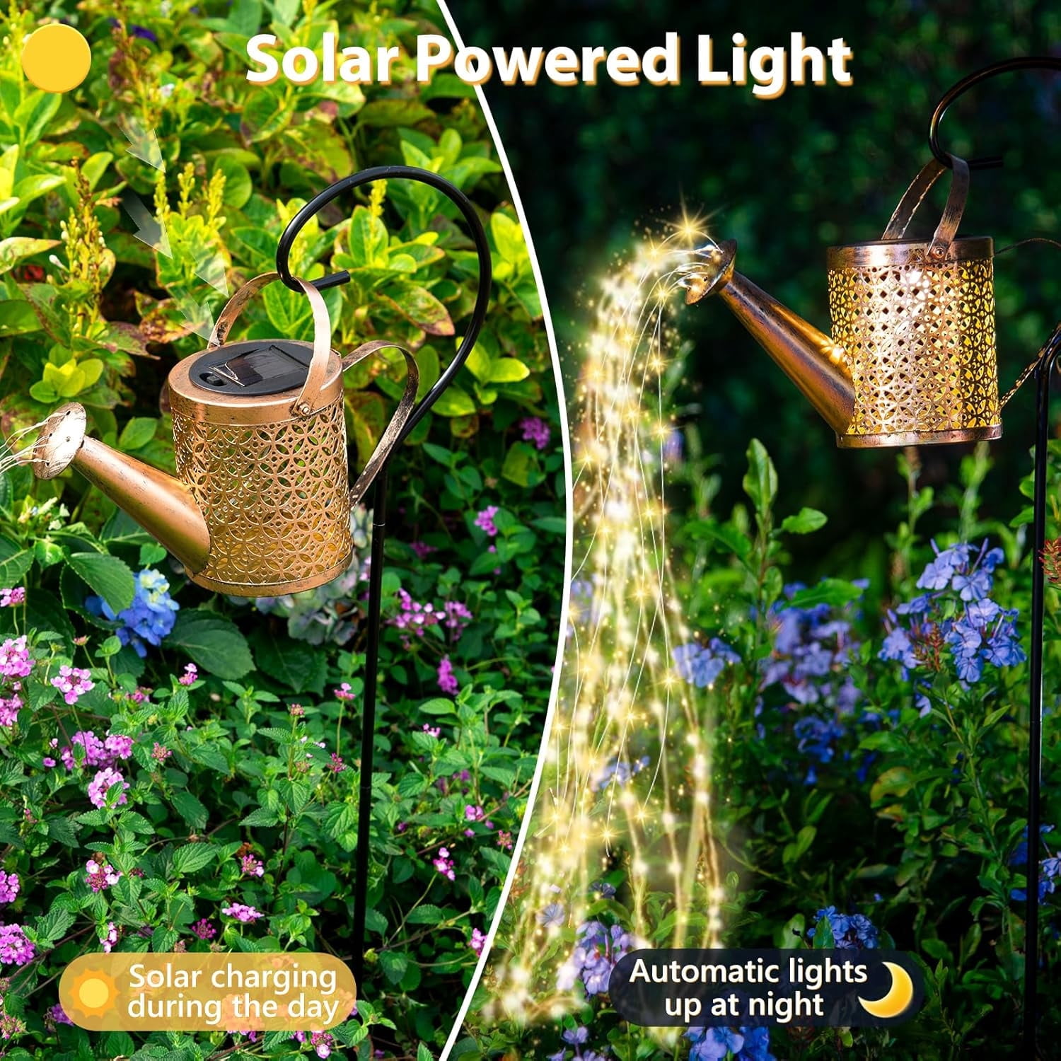 Solar Kettle Shower Lamp, Wrought Iron Outdoor Garden Light with Warm White LED String Lights, Watering Can Design Solar Powered Decorative Light for Patio, Yard and Party
