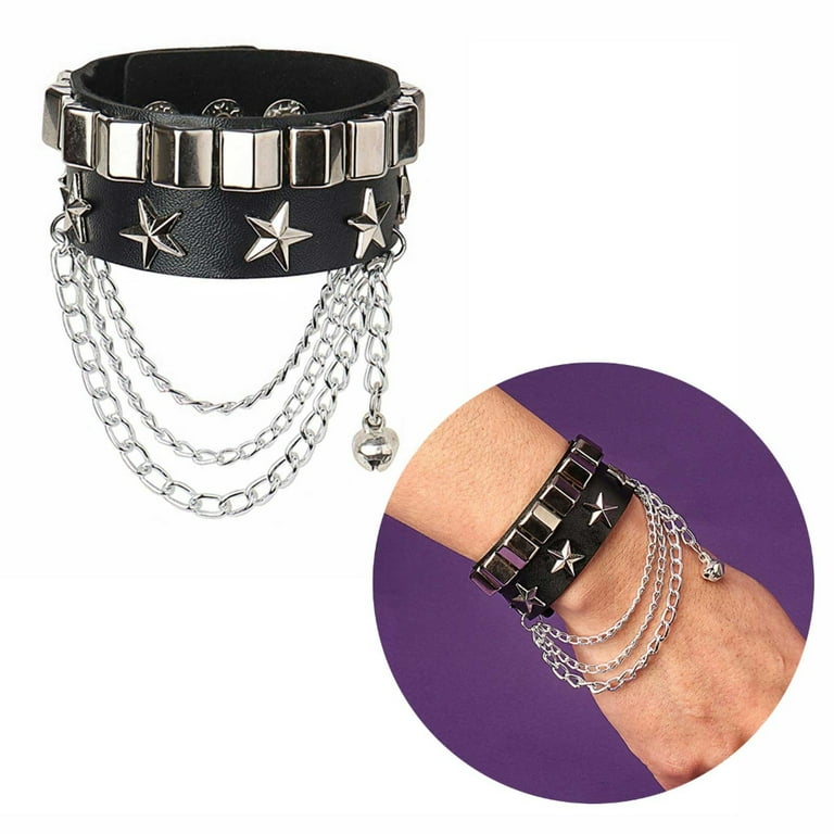 Snap Punk Rock Wrap PU Leather Bracelet Men Vintage Star Spikes