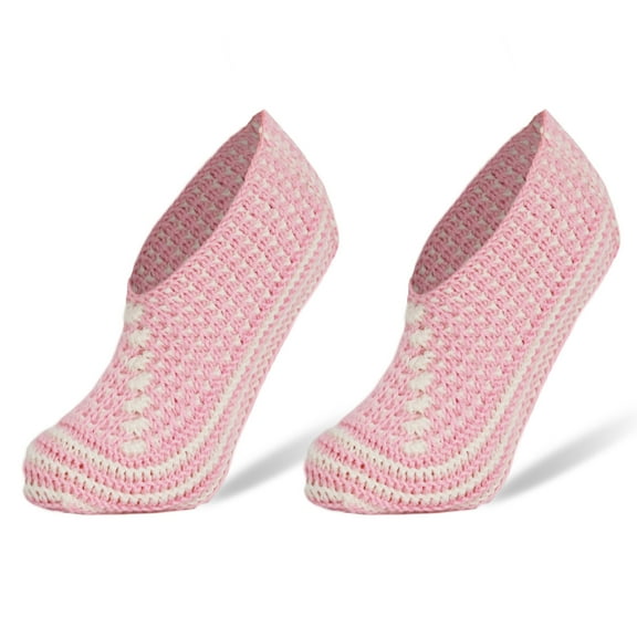 Crochet Hand Knit Slippers for Women Socks 1 Pair Shoe Size 5-7 (S11- Pink off White)