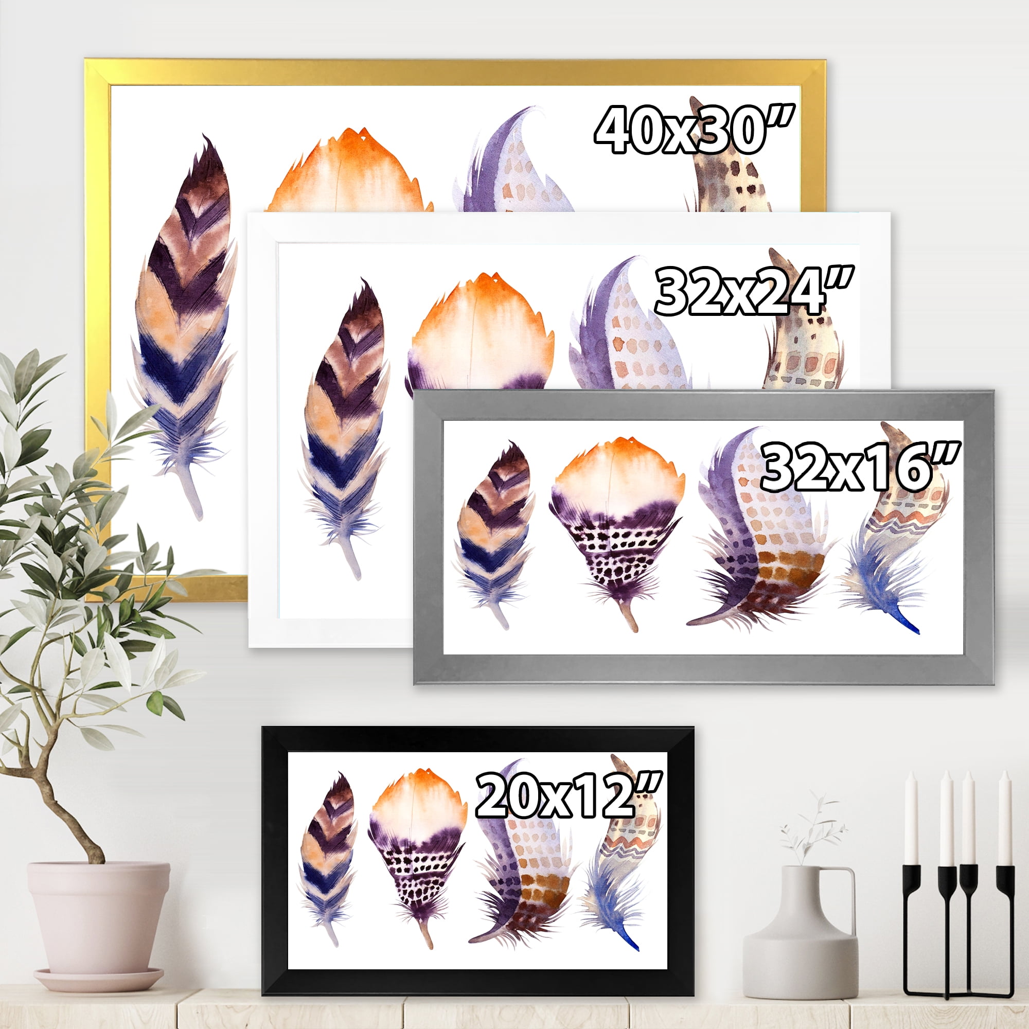 Designart 'Purple Boho Art Feathers' Bohemian & Eclectic Framed Art Print