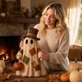 thumbnail image 7 of Halloween Ghost Decorations, Patchwork Linen Ghost Figurine with Top Hat, Light Up Jack-O-Lantern Halloween Ghost Decor, 10X6X5 Inch Large Standing Halloween Ghost, Vintage Rustic, 7 of 7