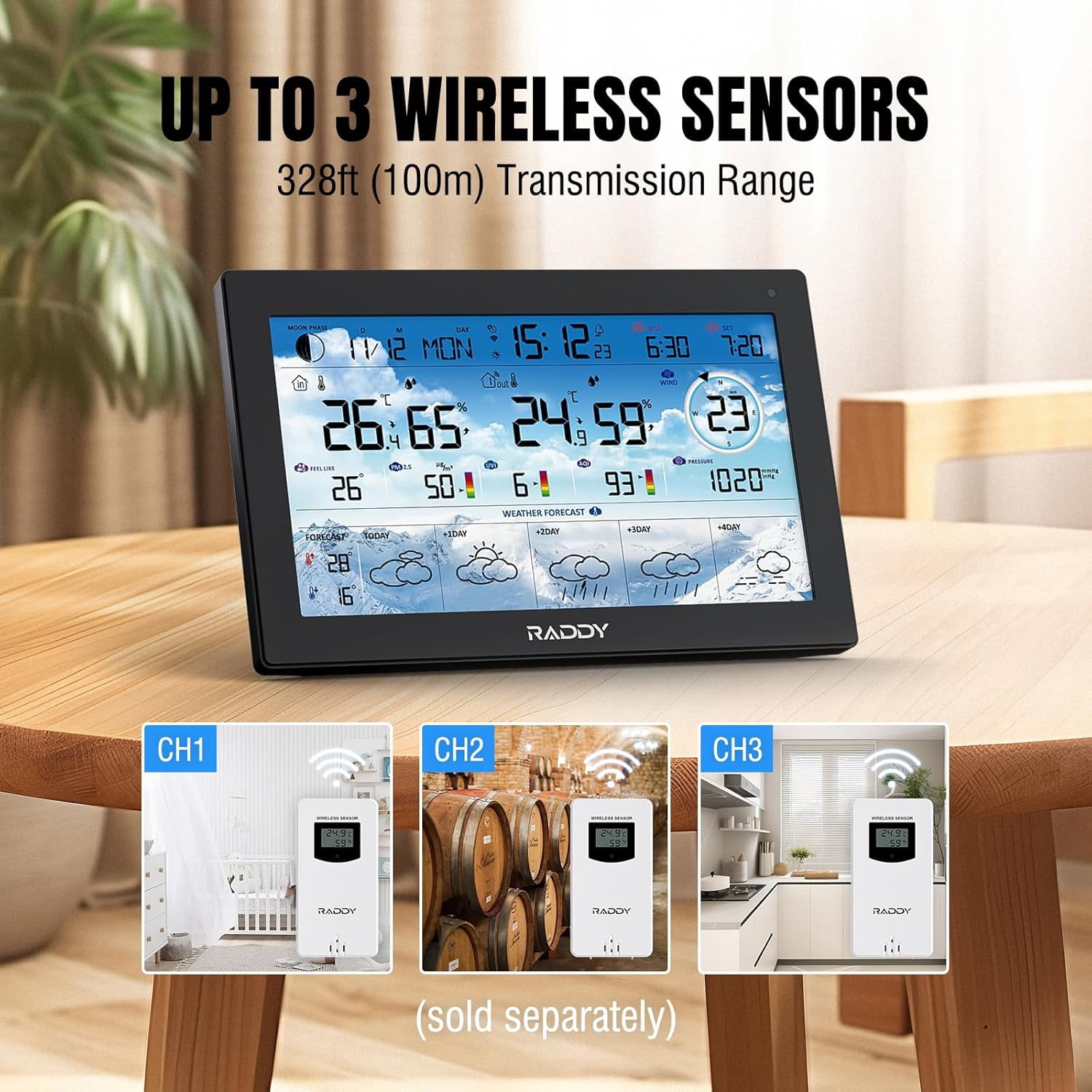 Raddy N90 Wi-Fi Weather Station with 8.8" Display, Smart App Connectivity, Indoor Outdoor Thermometer with Wireless Sensor
