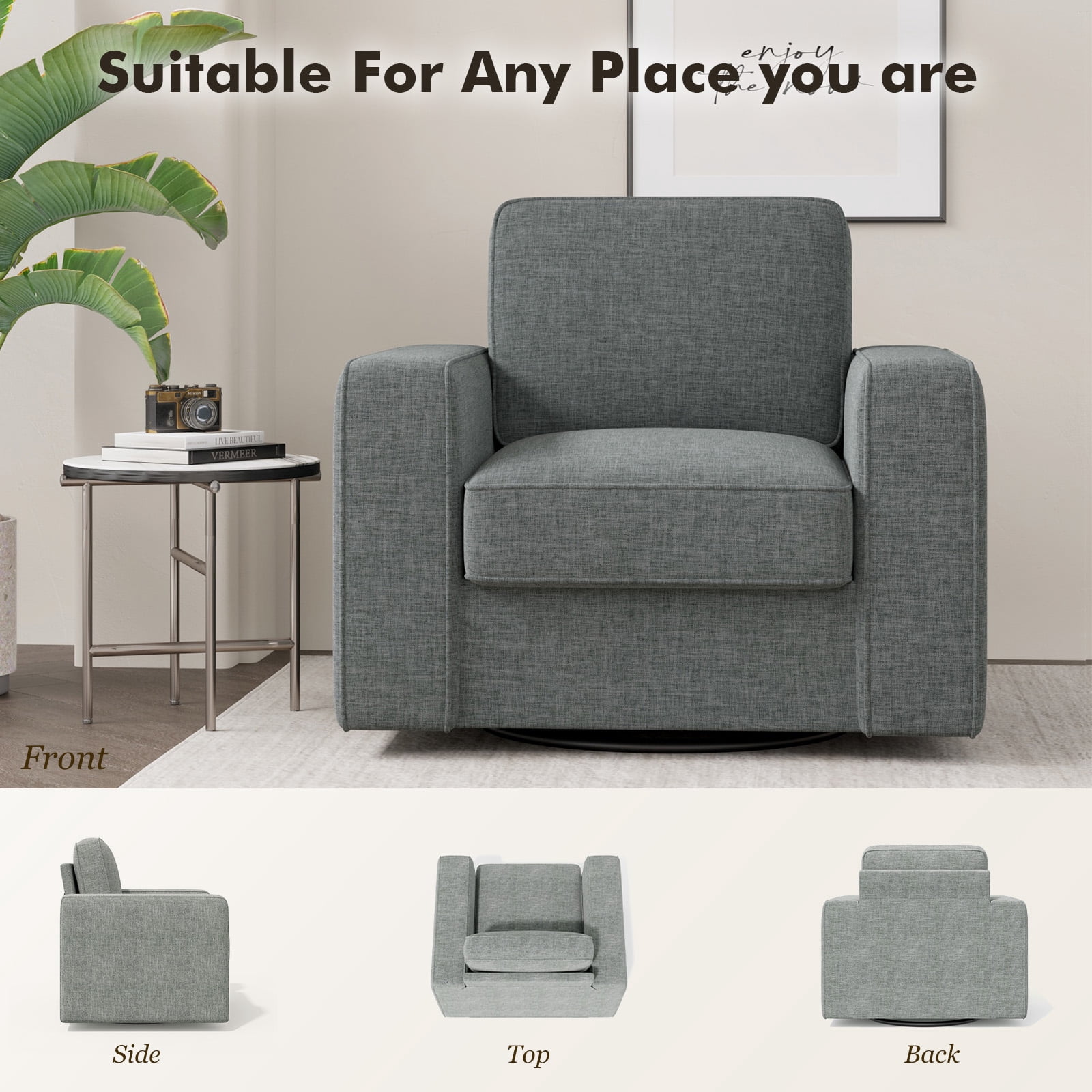 MOONMISS Swivel Accent Chair, 36'' Wide Mid-Century Modern Armchair for Living Room, Bedroom, Office, Gray