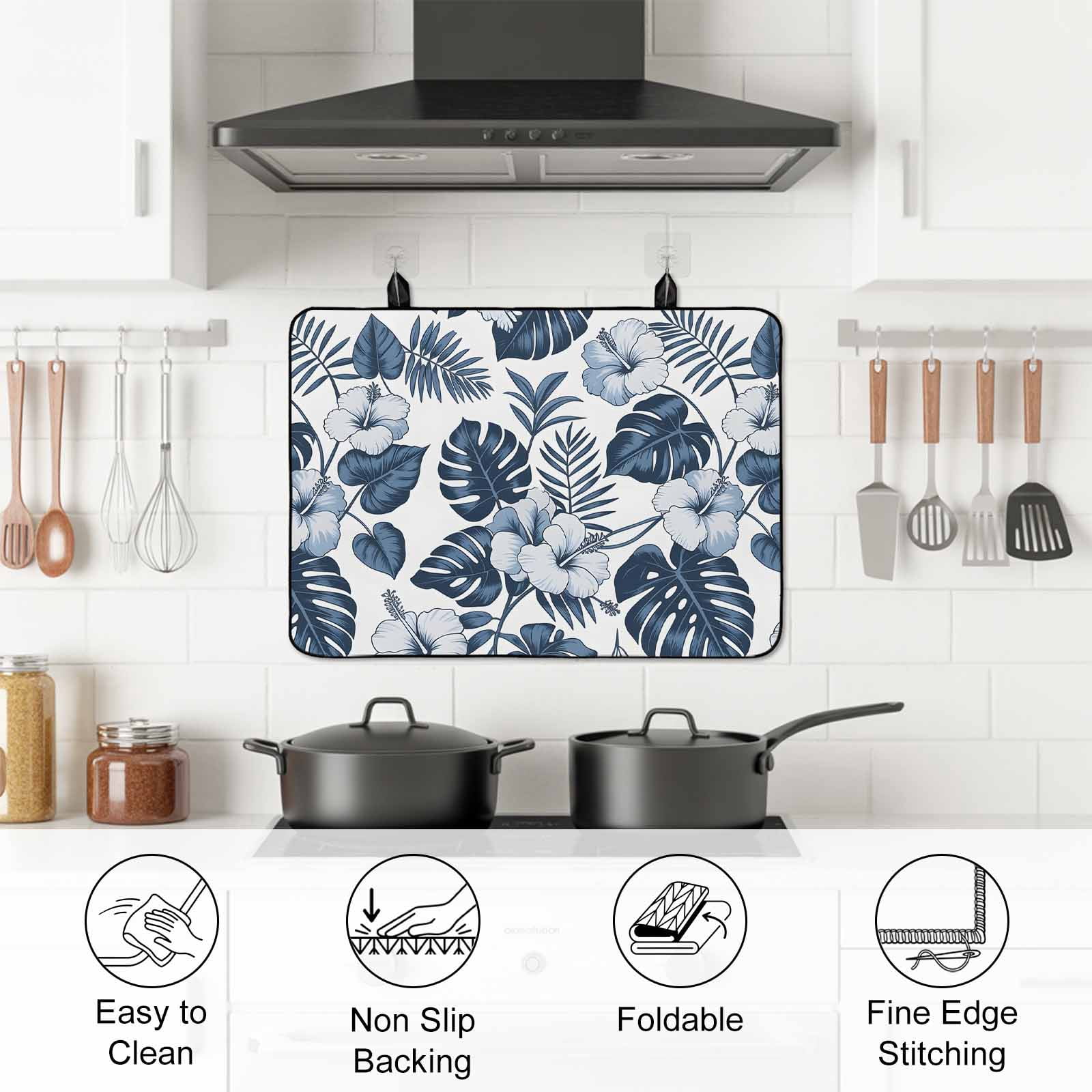 Palm Leaves Stove Top Cover for Electric Stove, Heat-proof & Non Slip Glass Top Stove Cover Protector, Vintage Summer Blue Tropical Flowers Plants Kitchen Flat Cooktop Rubber Mat 24x21 Inches