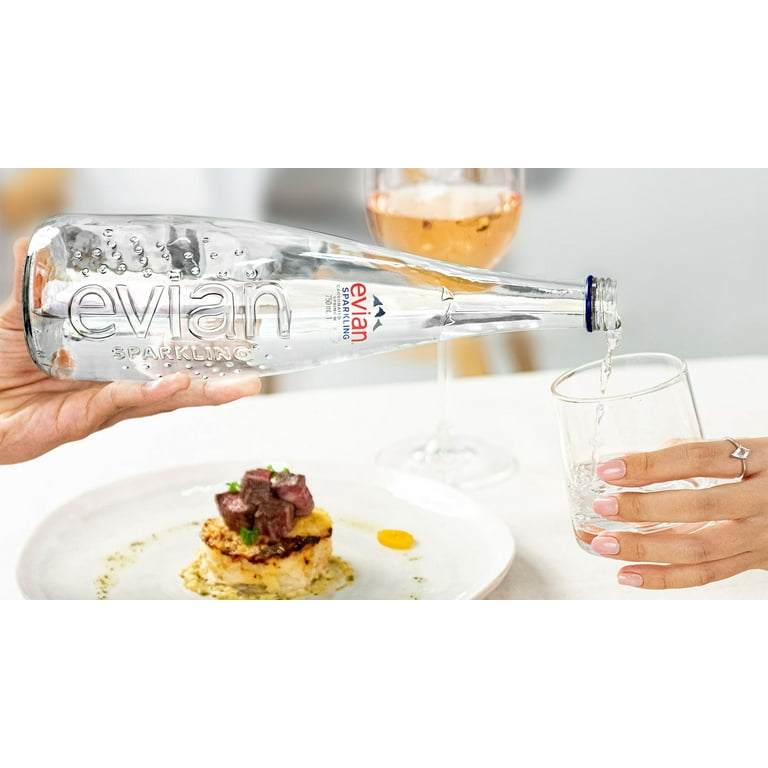 Evian 750mL Sparkling Glass Water Luxury 3 Glass Bottle, Allergens Free