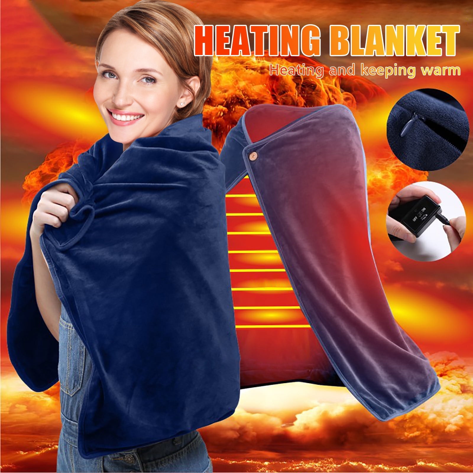 Clearance！FNGZ Blanket Usb Heated Shawl Electric Heated Blanket Plush Flannel Blanket with 3 Heat Level Setting for Car Office Home Travel 100X70cm Blue