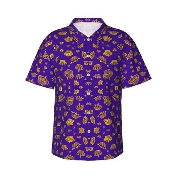 Royal Crowns Purple Hawaiian Shirts For Men, Summer Short-Sleeve Relaxed-Fit Button-Down Shirts Small