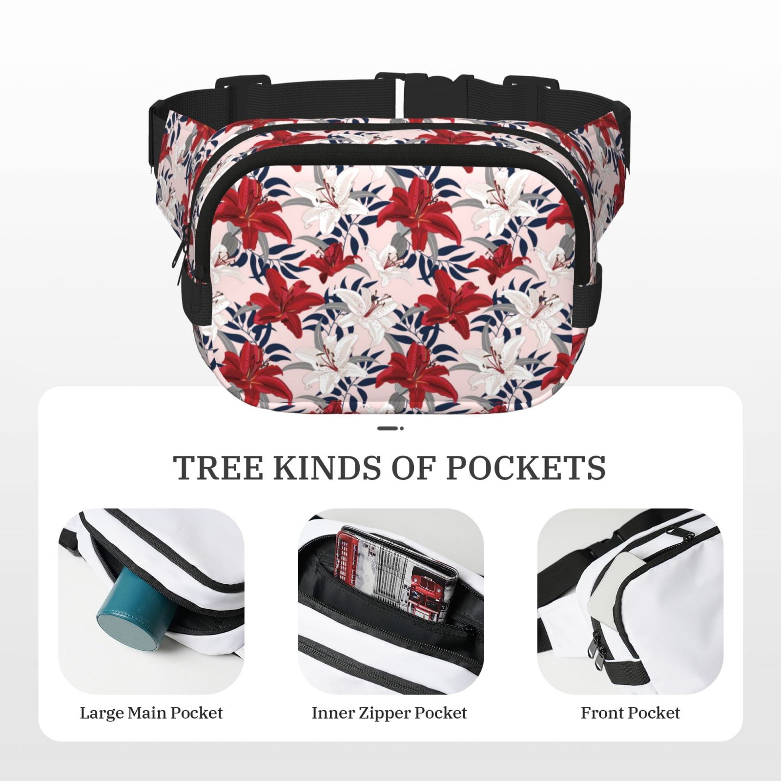 Picia Lilies Flowers Print Square Double-Layer Waist Bag Mini Adjustable Waist Belt Bag Exercise Running Travel Hiking