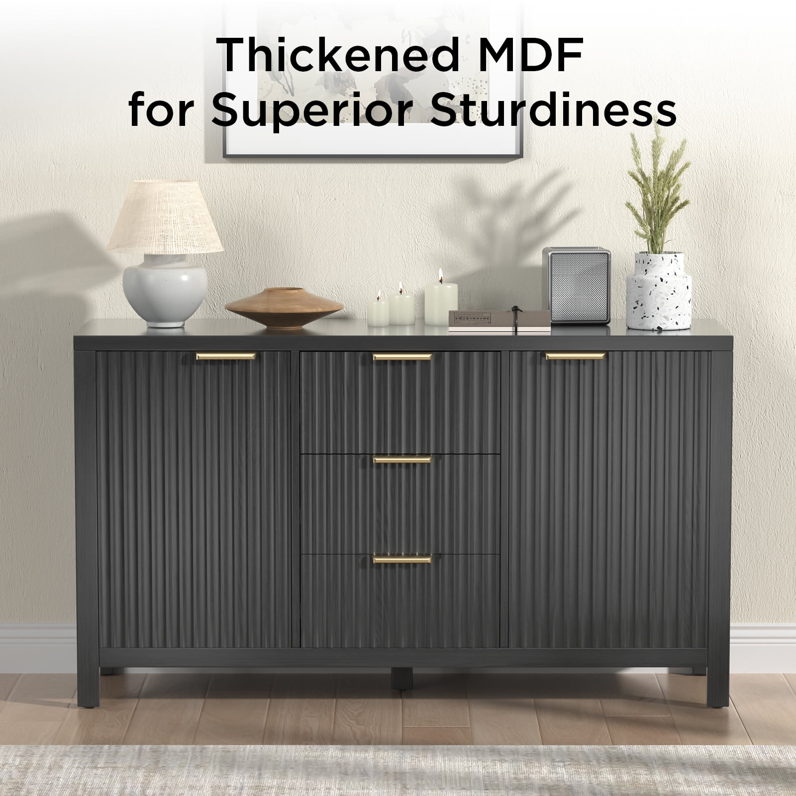 Hommoo Modern Sideboard Storage Cabinet, Fluted Credenza Buffet Cabinet with 2 Doors and 3 Drawers, for Kitchen and Living Room, Black