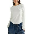 thumbnail image 2 of Wassery Women Cotton T-shirt Long Sleeve Crew Neck Close-Fitting Top Solid Color Fall Tee Streetwear for Casual Daily, 2 of 5