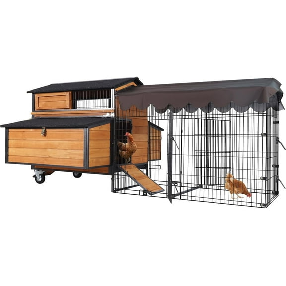 MEDEHOO Mobile Chicken Coop with Strong Iron Frame Outdoor Hen House with Run Poultry Cage with Waterproof Roof,Nesting Box,Pull-on Tray,6-8 Chickens