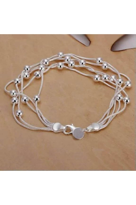 Women's Sterling Silver 7" Multi Row Snake Chain Ball Bead Bracelet Jewelry Gift
