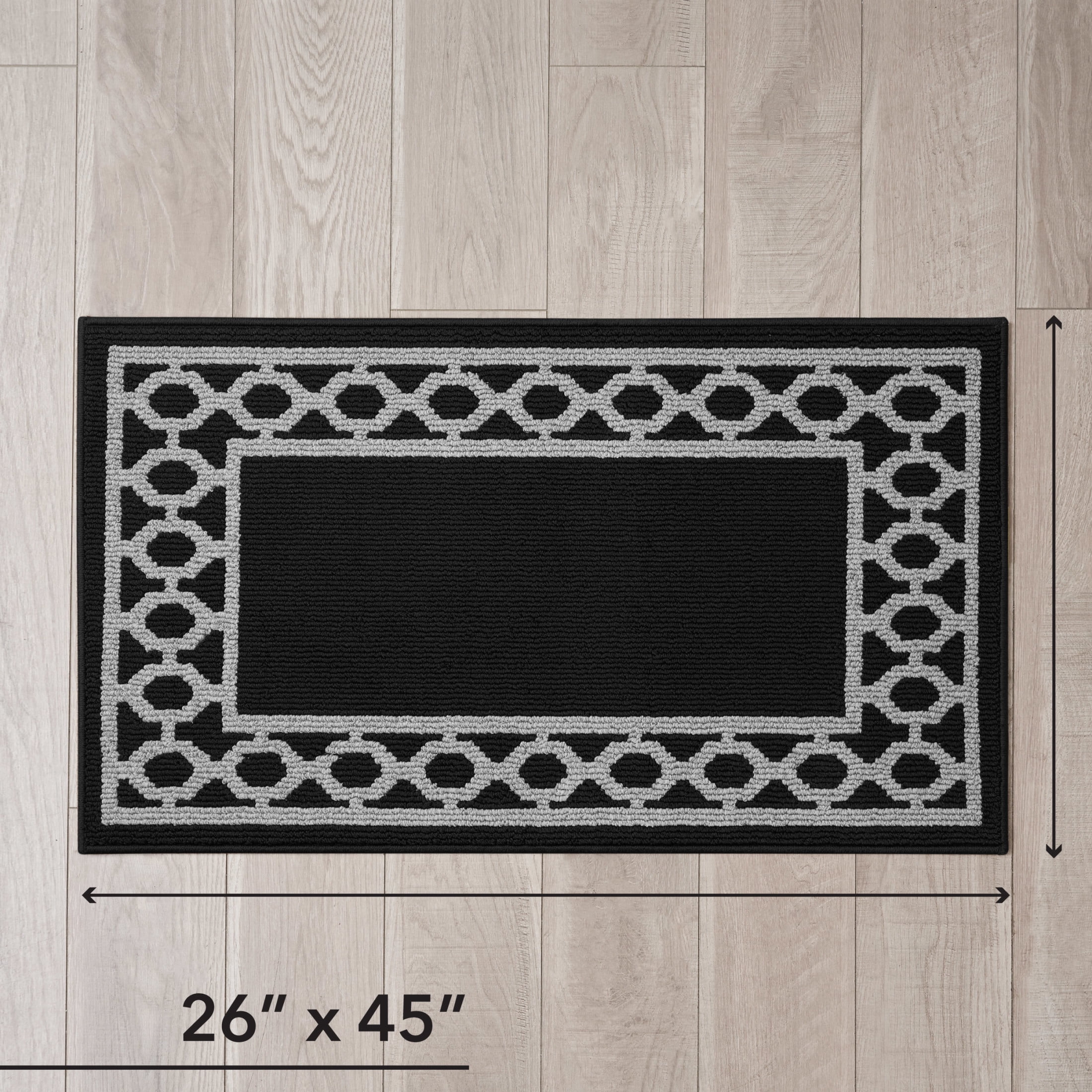 Washable Skid-Resistant Runner Rug, Trellis Border , Black and Twisted Grey , 26" x 45"