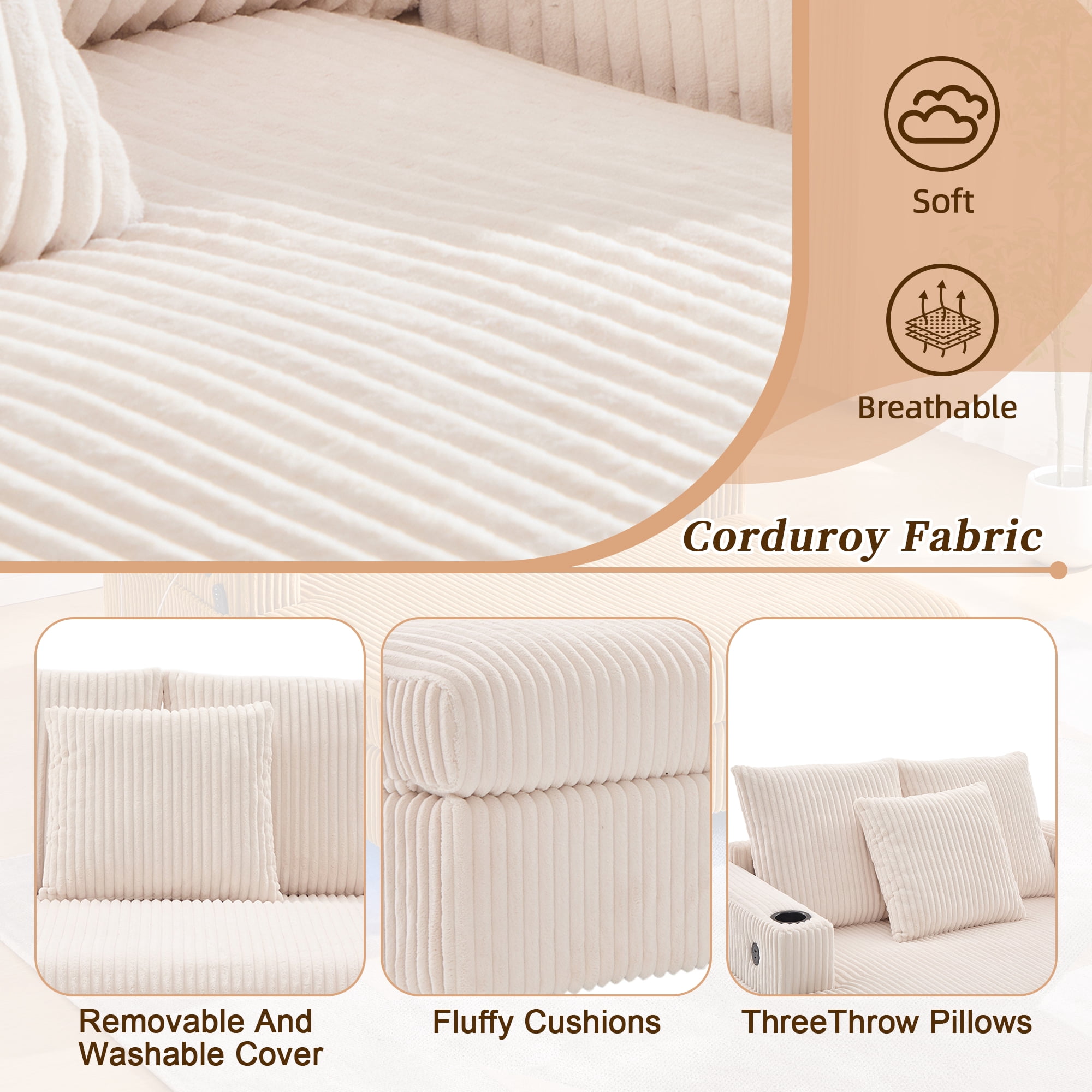 MOONMISS Corduroy Upholstered Oversized RGB LED Light Recliner Sofa Bed with Cup Holder,USB&3 Pillows-Beige