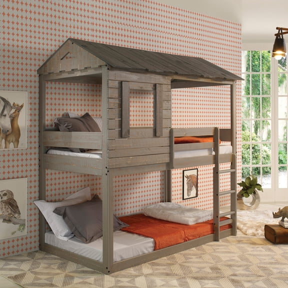 Miekor Furniture Rustic Grey Twin Over Twin Bunk Bed with Built-in Ladder B5A4450