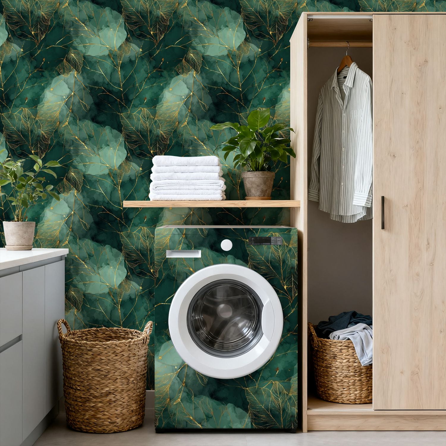 Peel and Stick Wallpaper 17.7in x 9.8ft Abstract Green Gold Botanical Leaves Watercolor Contact Paper Vinyl Self-Adhesive Removable Wall Paper for Bedroom Kitchen Cabinet Décor Renter Friendly