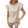 thumbnail image 2 of HOMBOM Beige Women Shirts Casual Striped Crew Neck Loose Ruffled Sleeve Short Sleeve Blouse XL, 2 of 6