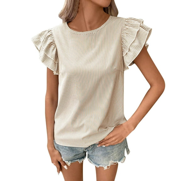 Zpanxa Womens Summer Tops, Women's Striped T-shirt Loose And Versatile Top Beige XL