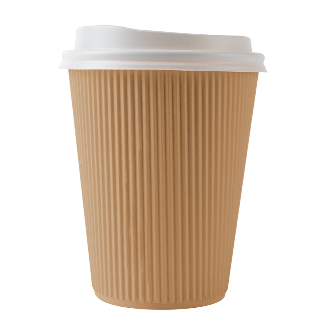 50-500 pcs 8oz Brown Coffee Paper Cup w/ Black Lids Biodegradable Insulated 