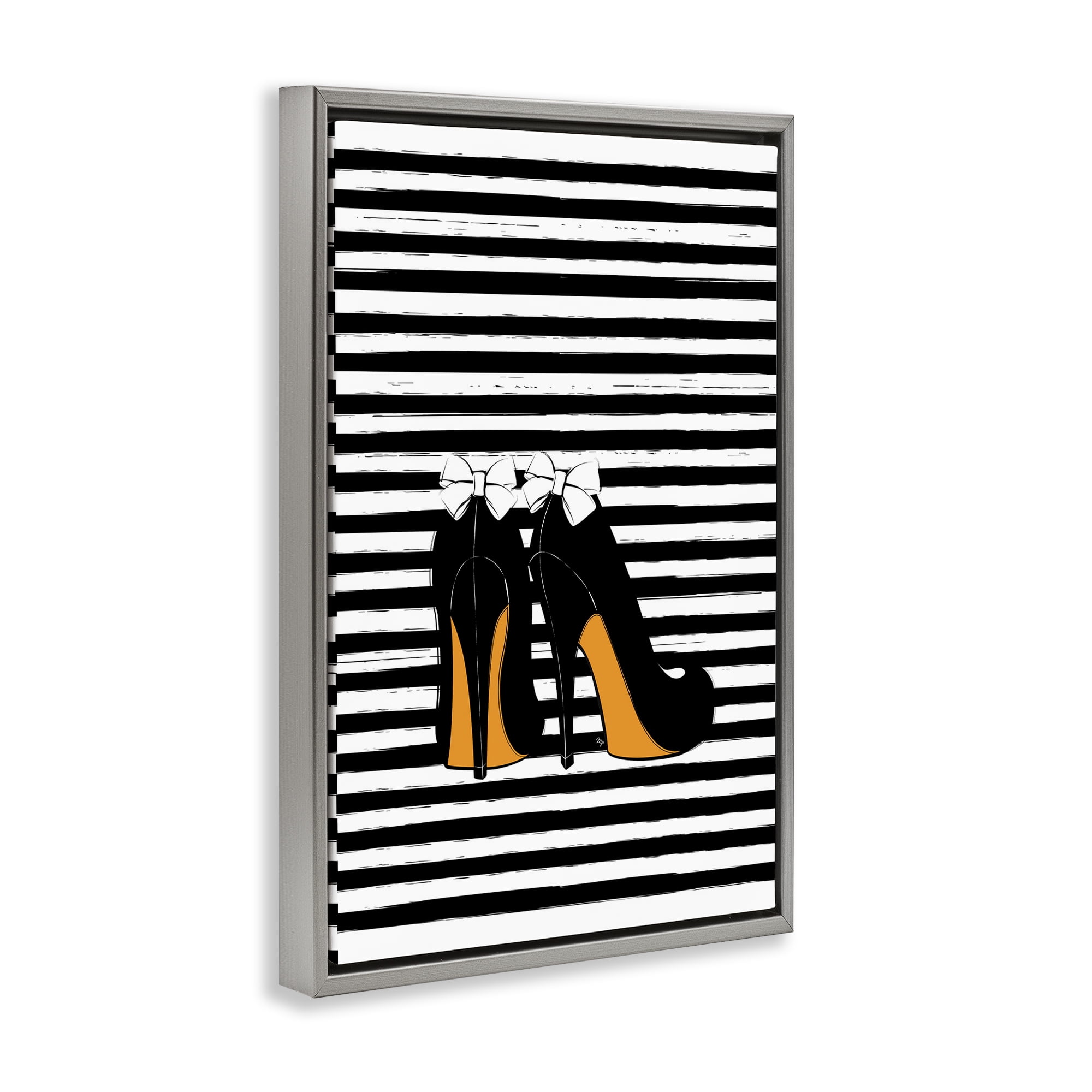 Stupell Industries Bow Heels on Stripes Beauty & Fashion Painting Gray Floater Framed Art Print Wall Art, 17 x 25