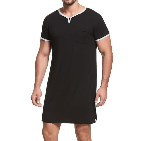 SWSMCLT Men's Summer Robe Short Sleeve Stretchy Cozy Bathrobe Sleep Gown Bath Soft V Neck House Sleeping Nightshirt Nightwear Black XX-Large