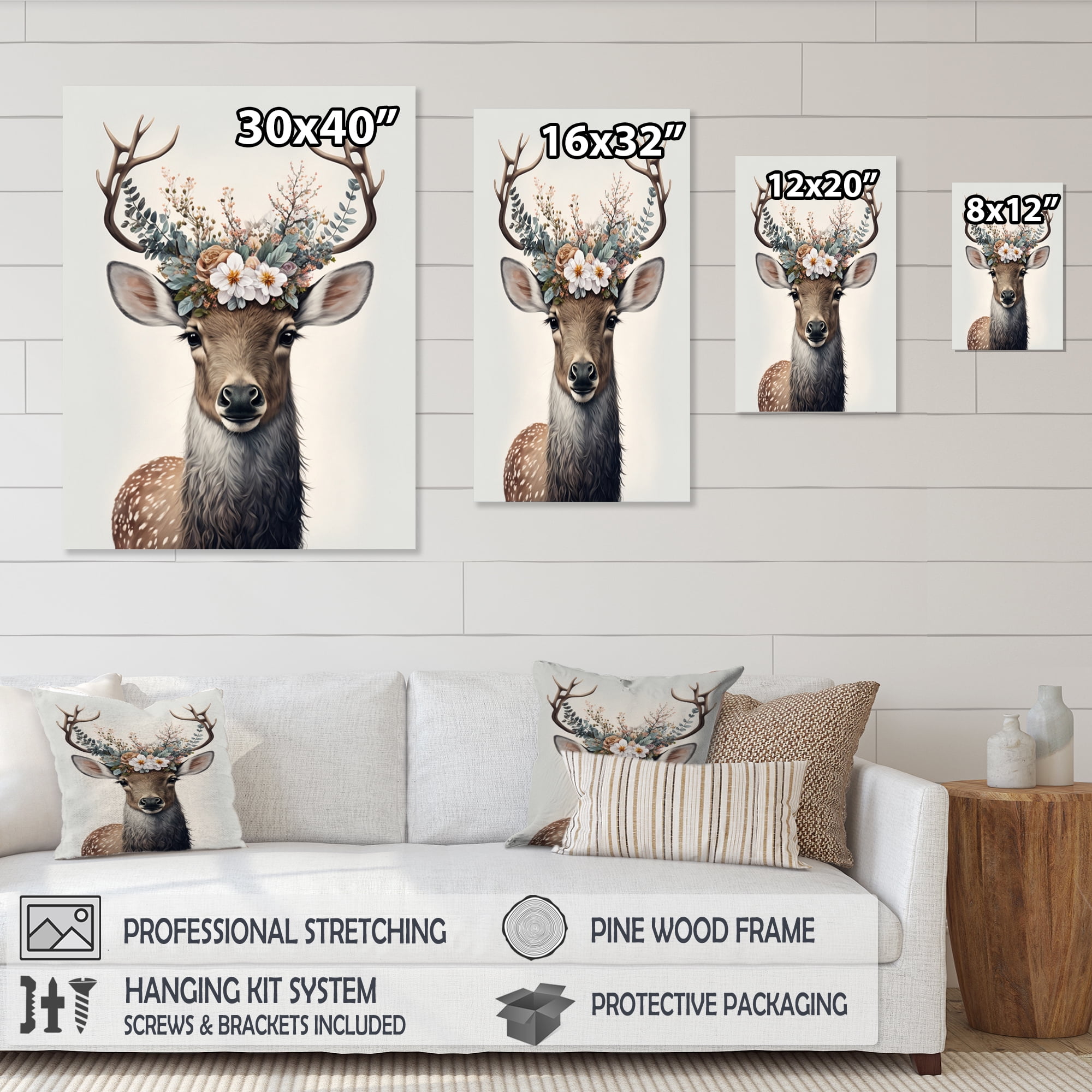 Designart Cute Baby Caribou With Floral Crown III Canvas Wall Art