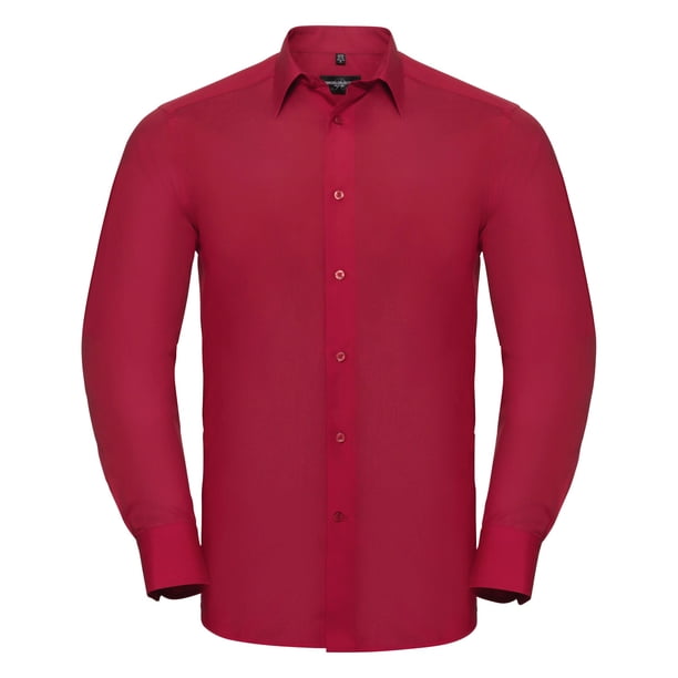 Russel Collection - Camisa de manga larga de popelina d poli-algodón Cuidado facil Modelo Tailored Poplin hombre caballero - Trabajo/Boda/Fiesta (Rojo Clásico)