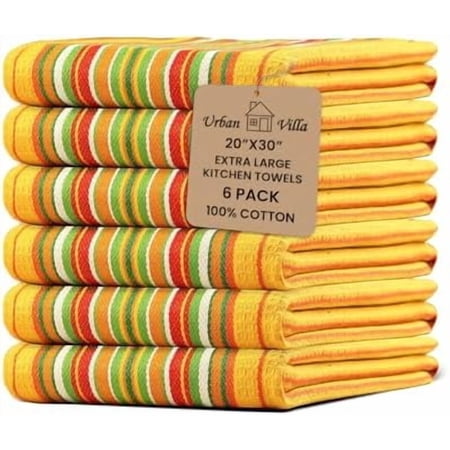 Tekola Kitchen Towels Waffle Stripes Dish Towels for Kitchen Mustard Color Set of 6 Kitchen Towels Highly Absorbent 100% Cotton Over Sized 20X30 in with Mitered Corners Kitchen Hand Tea Towels