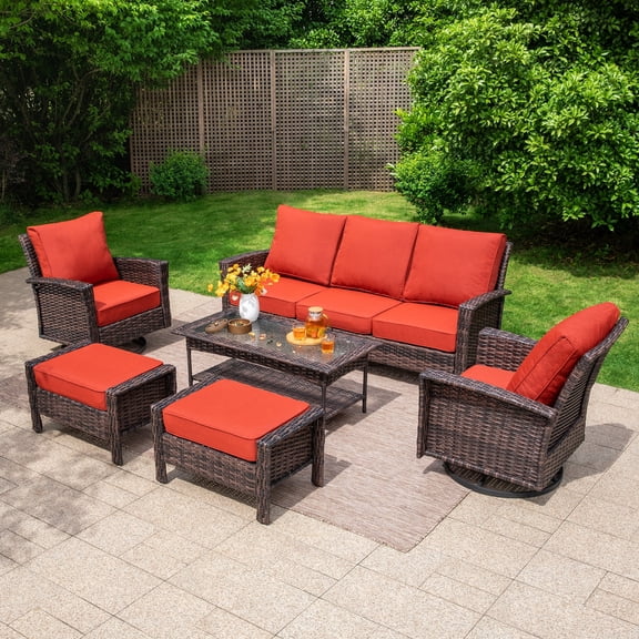 Summit Living 7-Seat Wicker Patio Furniture Set with 2 Swivel Chairs & 3-Seat Sofa & Coffee Table with 2 Ottoman, Outdoor Sectional Conversation Set, Red