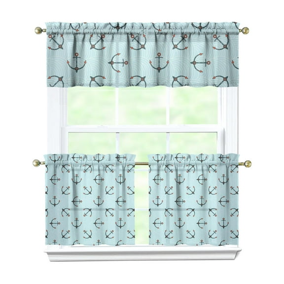 Tropical Coastal Kitchen Curtains Set Nautical Anchor Boat Sea Lighthouse Marine Wave Tier and Valance Set Beach Summer Rod Pocket Curtains