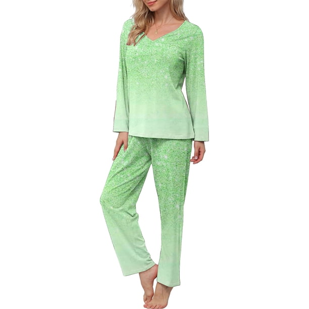 Puntoco Traje De Manga Larga + Pantalón Con Cuello En V Estampado Informal A La Moda Para Mujer Verde Menta L