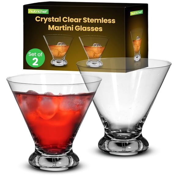 NutriChef 8.4oz Clear Martini Glasses, 2 Heavy Base Hand Blown Elegant Stemless Cocktail Glassware