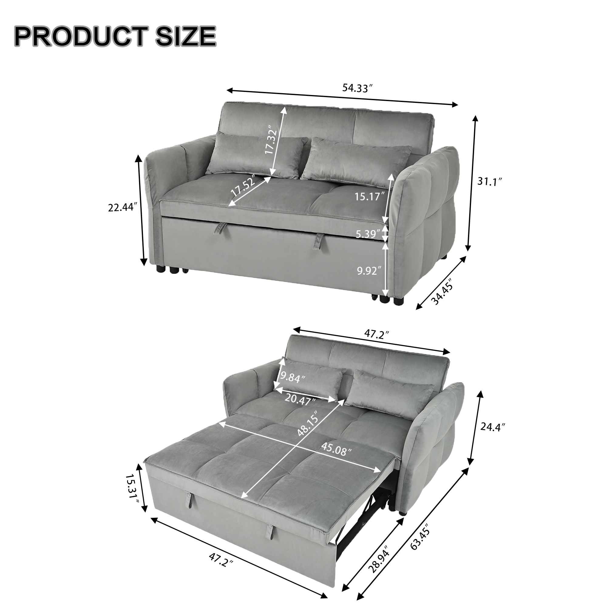 3-in-1 Pull Out Couch Bed with Reclining Backrest and Pillows Dark Grey Velvet Convertible Sleeper Sofa for Living Room Bedroom Apartment Small Spaces