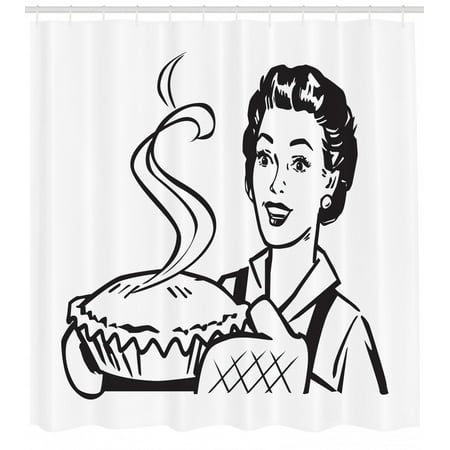 Serving Wear Vintage Woman Shower Curtain, Housewife Wearing Mittens Holding and Serving Freshly Baked Pie at Home, Fabric Bathroom Set with Hooks, 69W X 70L Inches, Black and White, by Ambesonne ()
