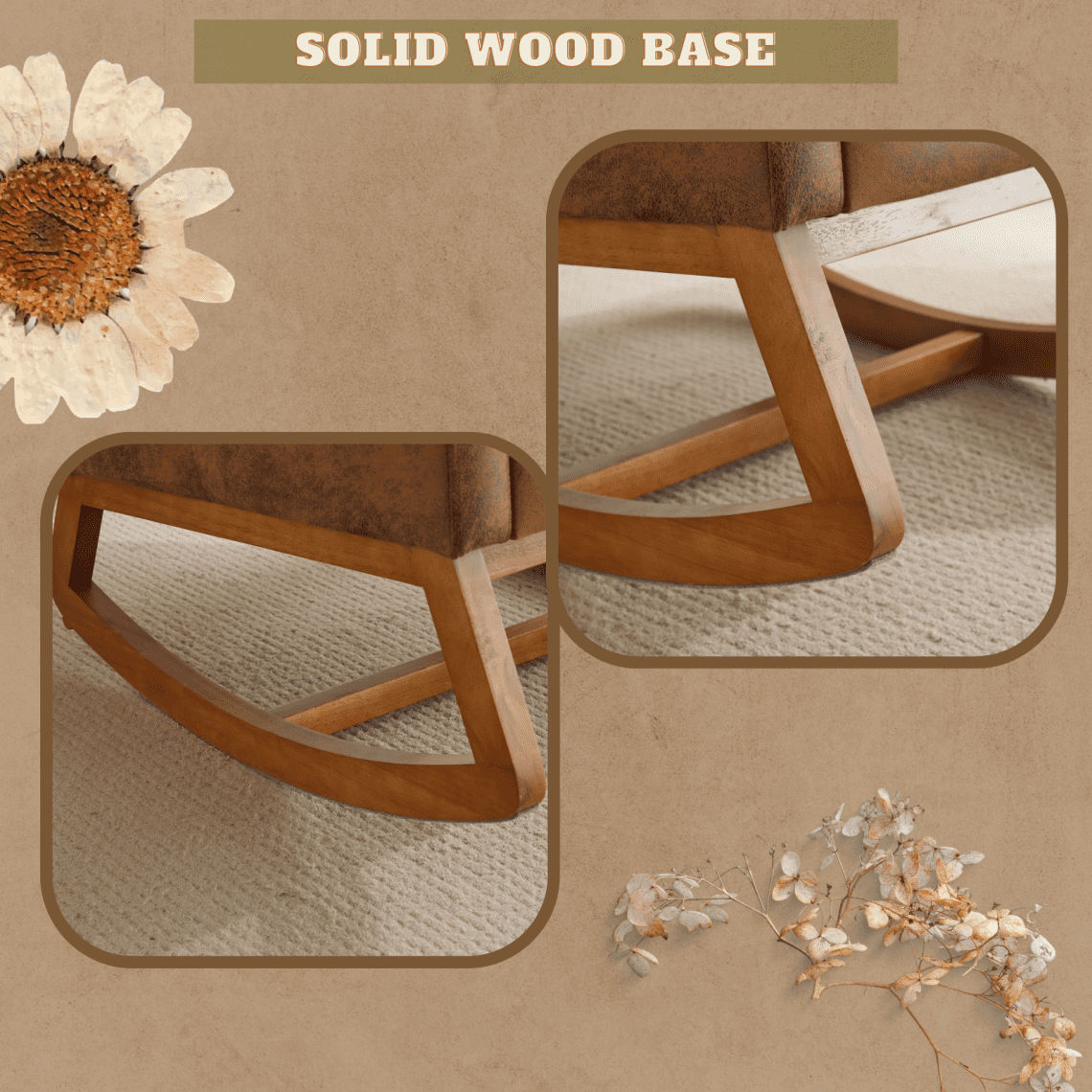 Rocking Chair Nursery with Thick Headrest, Upholstered Modern Nursing Rocker Glider with Curved Armrest, Sturdy Solid Wood Base for Living Room, Bedroom, Baby Room, Burnt Orange