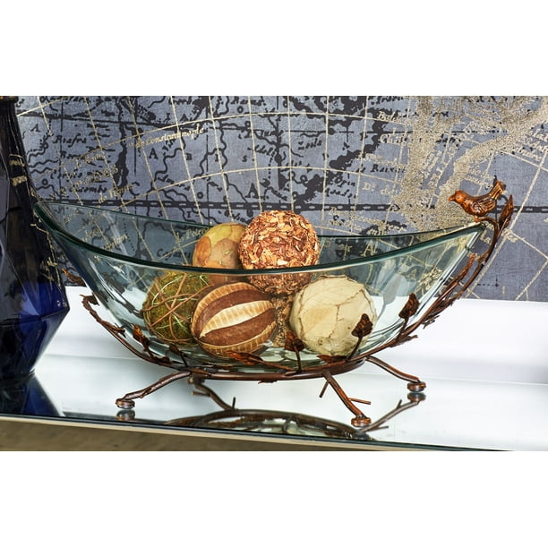 Decmode 8 X 22 Inch Traditional Oval Glass Bowl With Metal Elm Leaf