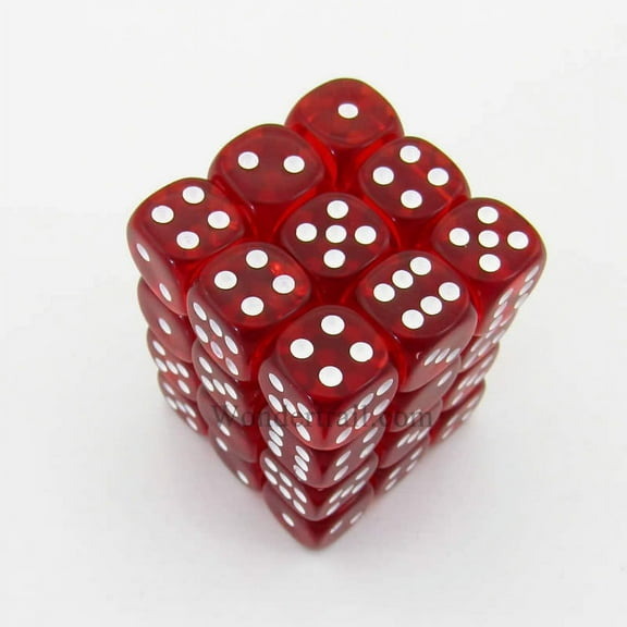 Red Translucent D6 Dice with White Pips 12mm (1/2in) Pack of 36