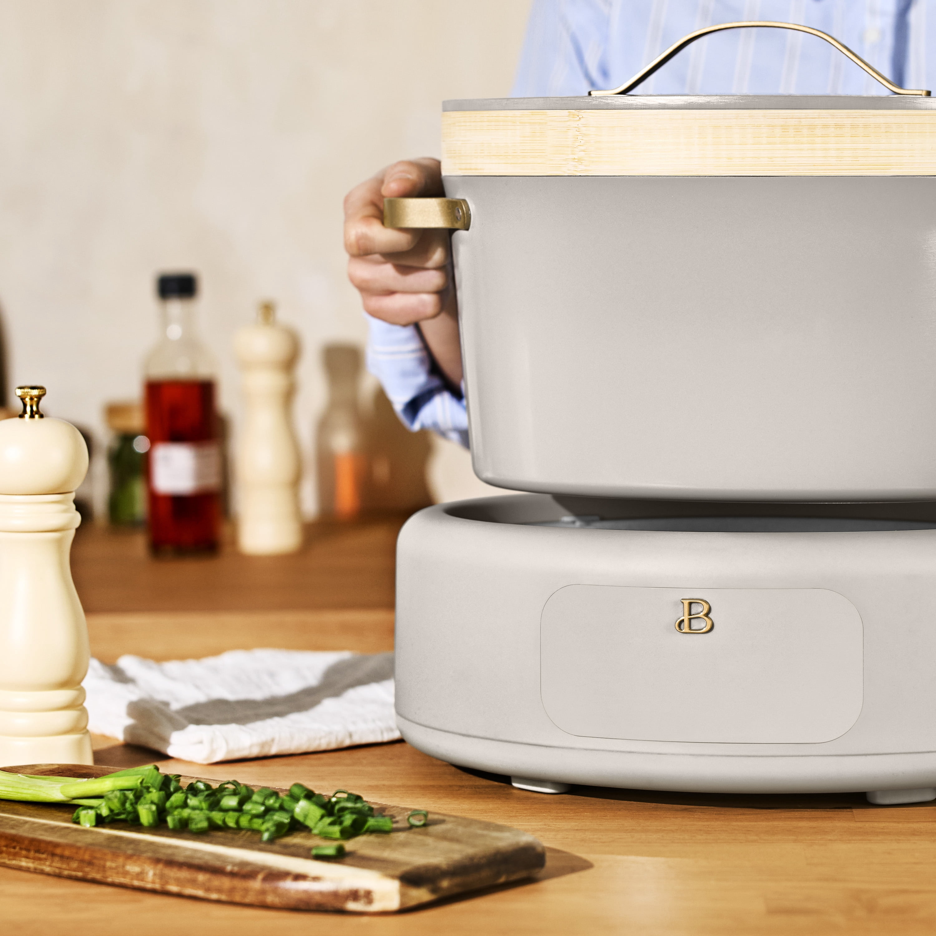 Beautiful 10-in-1, 8 Qt Multi-Cooker with Bamboo Steamer Insert and 7 Preset Functions, Porcini Taupe by Drew Barrymore