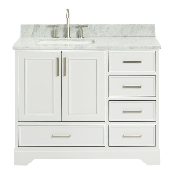 Ariel Stafford 43 Inch Single Left Offset Rectangle Sink Vanity With Carrara White Marble Countertop W/0.75" Edge In White
