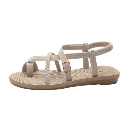 

Womens Sandals Summer Women S Flat Bottom Roman Sandals Wild Cross Straps Clip Toe Beach Shoes Women S Sandals Flock Beige 36